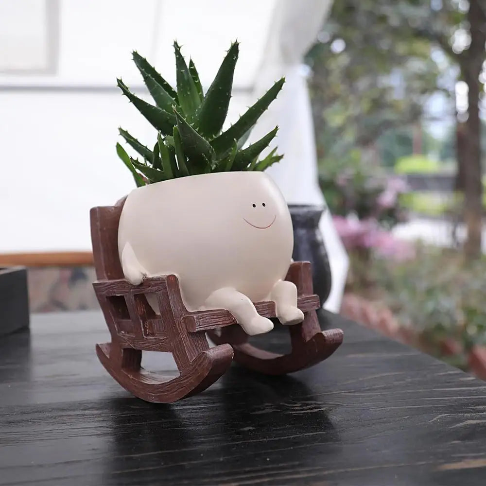 New Face Planter Pots for Indoor Plants Cute Resin Flower Head Planters, Sit Rocking Chair Succulent Pots with Drainage Hole