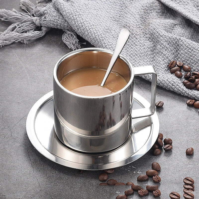 Stainless Steel Coffee Cups Creative Set 304 Stainless Steel European Style Double Layer Coffee Cup Creative Set Mug for Office