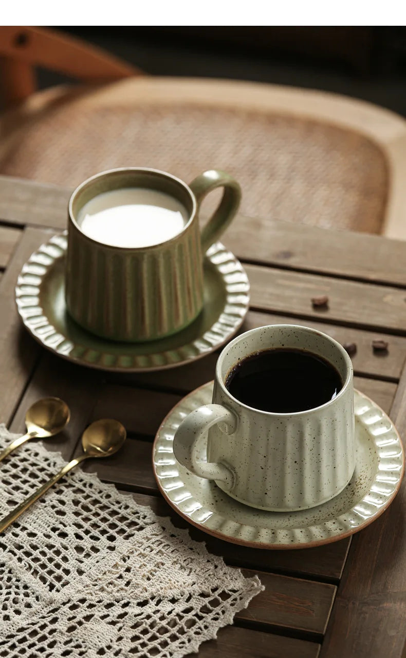 300ML Japanese Retro Rough Pottery Mug Unique Ceramic Office Coffee Cup Dish Set Home Creative Vertical Pattern Brewing Tea Cup