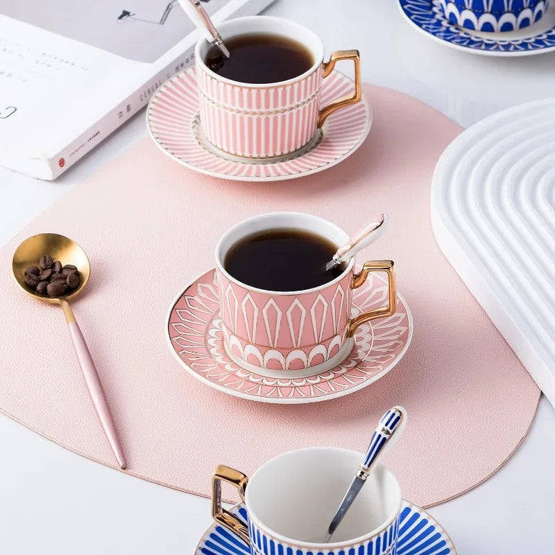 Set of 4 Elegant Modern Blue And Pink 7.4 oz Teacups and Saucers Set-Coffee Cup with Sauce and spoons(Blue/Pink, Serve of 4)