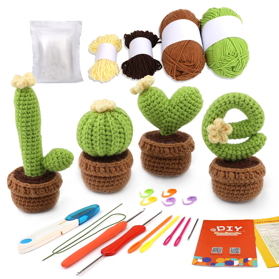 KRABALL 4pcs Crochet Potted Kit for Beginners With Instructions Knitting Yarn Thread Needles Easy Knit Accessories DIY Craft