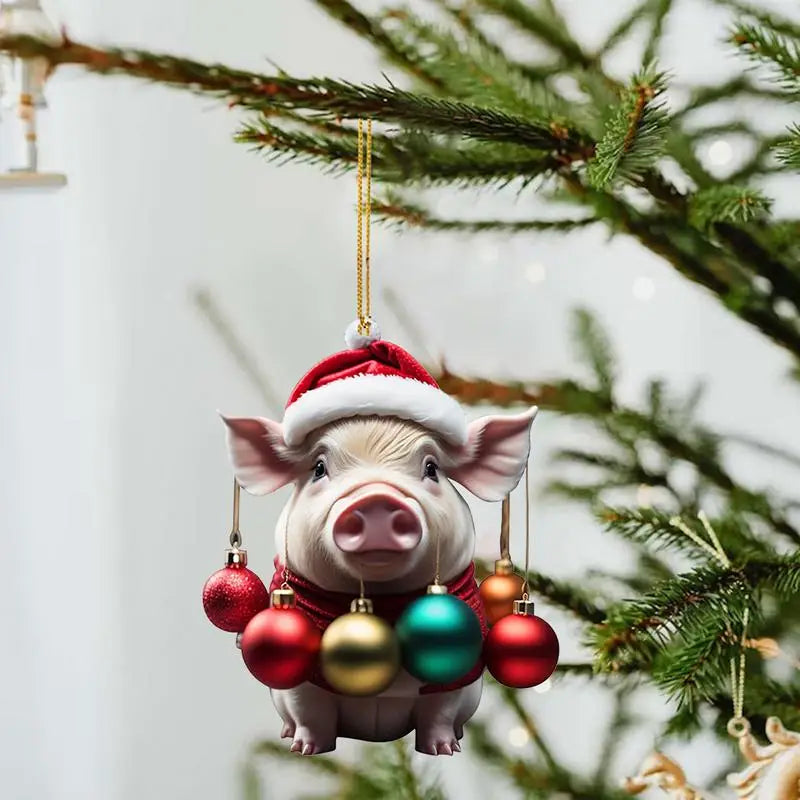 2D Acrylic Funny Pig Pendant With Lanyard Cute Cartoon Christmas Ornaments For Trees Doors Party Supplies Home Decoration