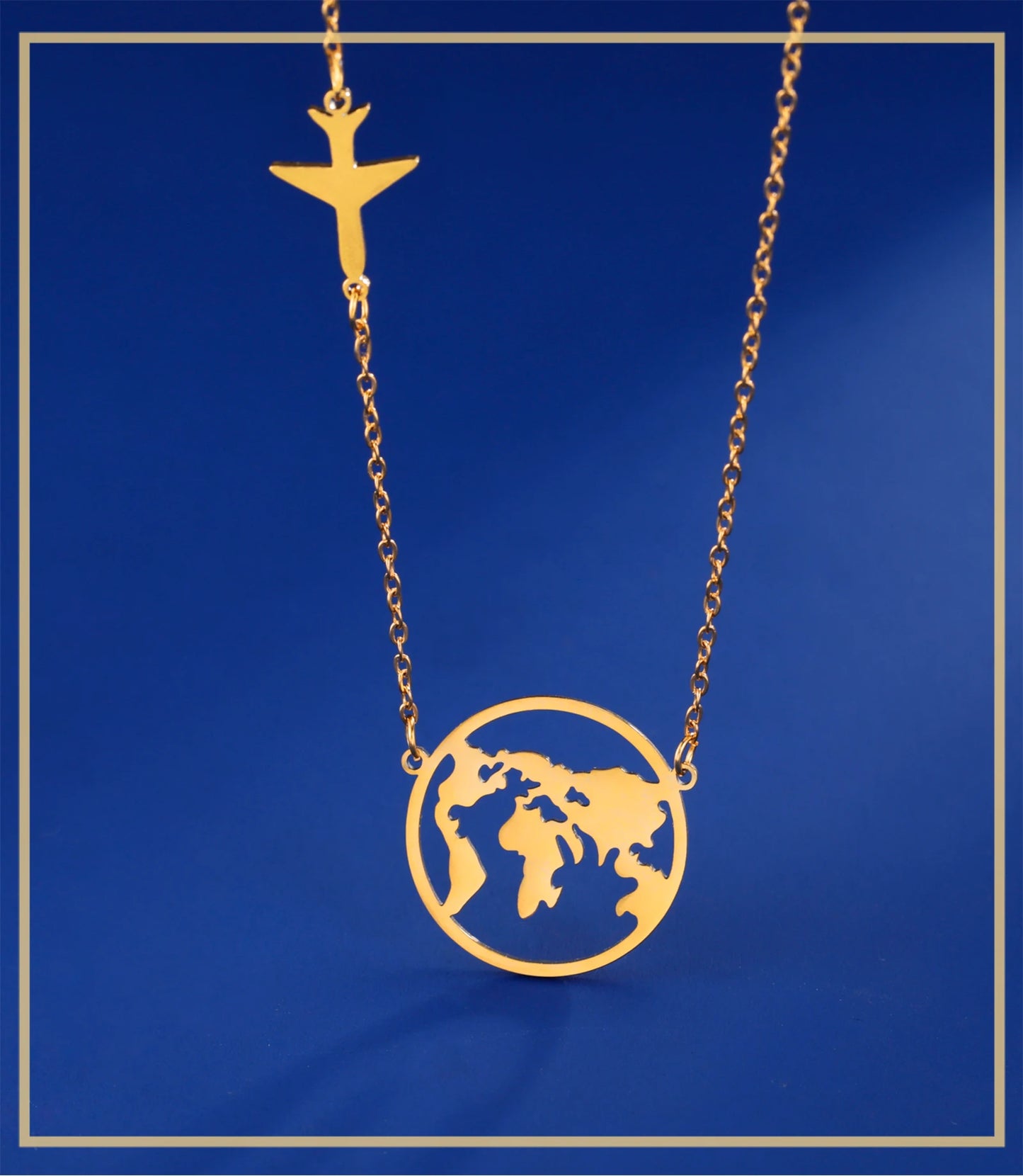 Skyrim Airplane Globe World Map Pendant Necklace Women Stainless Steel Gold Color Clavicle Chain Traveler Jewelry Birthday Gift