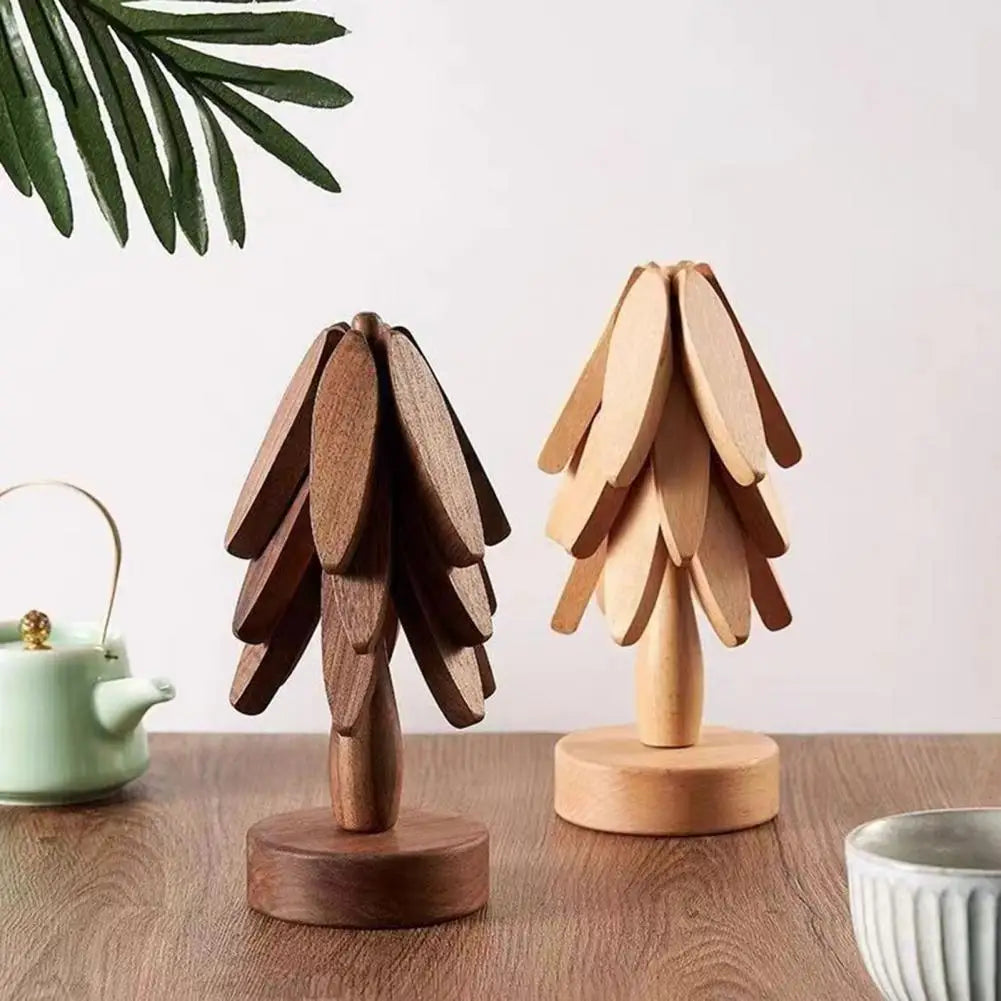 Christmas Tree Coaster with Base 3 Layers Tree Shape Wooden Trivet Anti-scald Countertop Pot Pan Coffee Tea Cup Holder Home