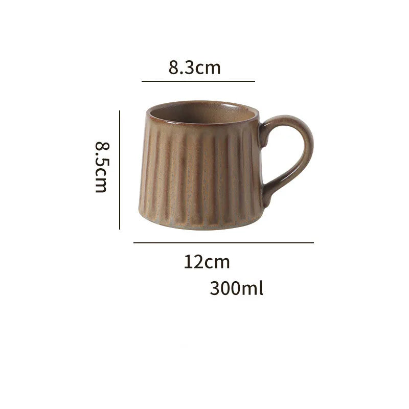 300ML Japanese Retro Rough Pottery Mug Unique Ceramic Office Coffee Cup Dish Set Home Creative Vertical Pattern Brewing Tea Cup