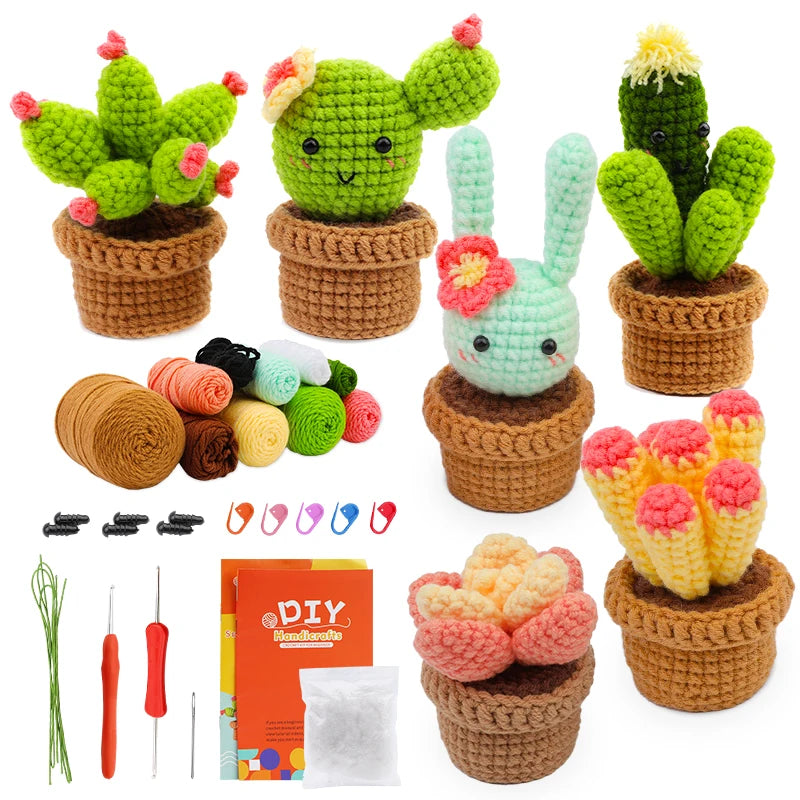 MIUSIE Beginner Crochet Kit Cactus Potted Plant Creative Crochet DIY Keychai Knitting Key Holder Crochet Dolls Material Pack