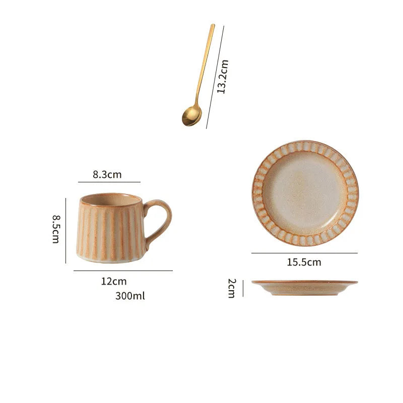 300ML Japanese Retro Rough Pottery Mug Unique Ceramic Office Coffee Cup Dish Set Home Creative Vertical Pattern Brewing Tea Cup