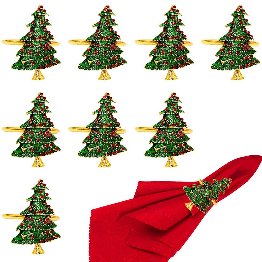 8Pcs Green Christmas Tree Napkin Rings Xmas Crystal Napkin Holder for Christmas Wedding Thanksgiving Party Kitchen Table Decor