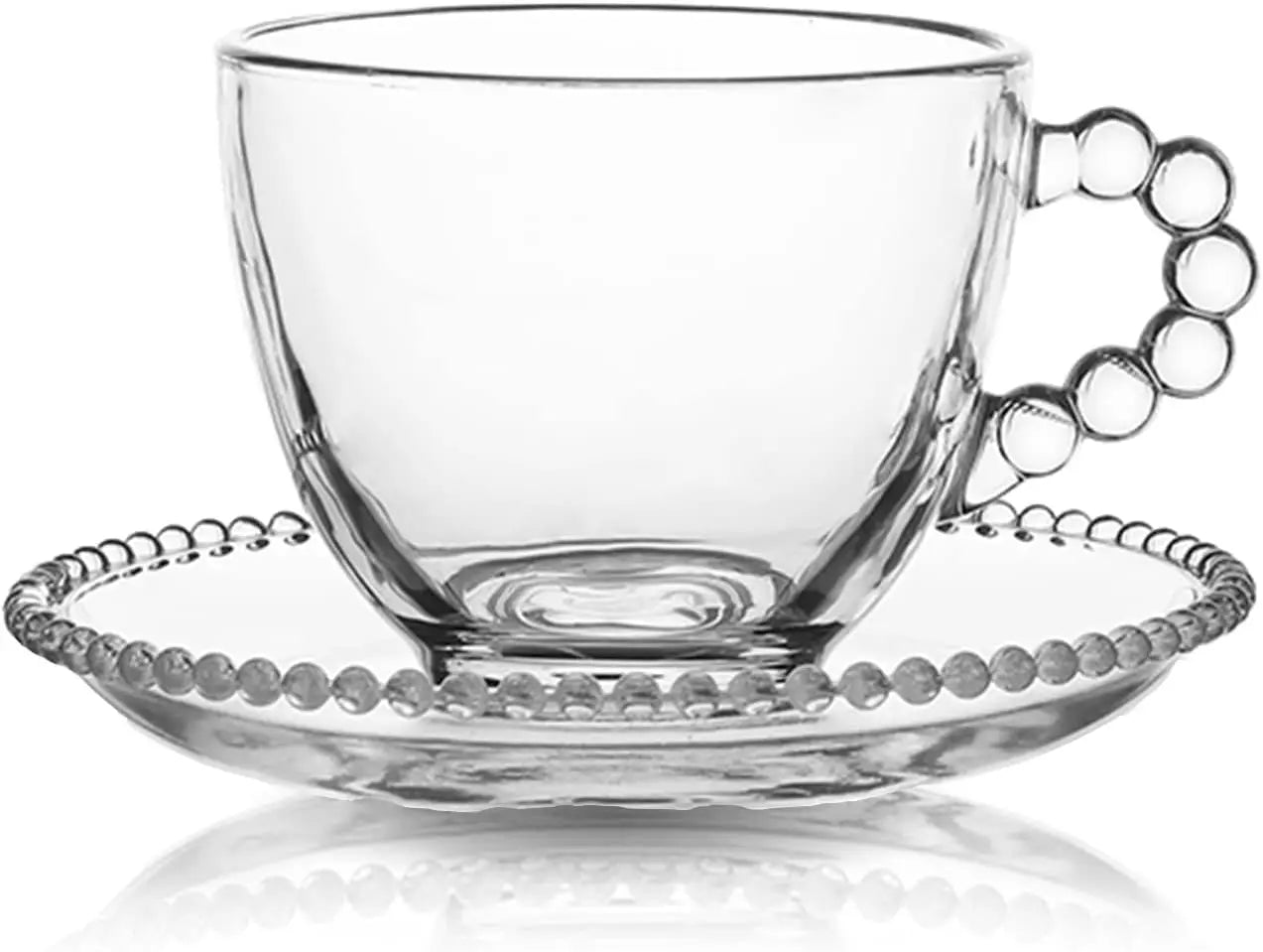 Glass Coffee Mug with Saucer Set, Cute Creative Cup Unique Bead Design for Office and , Dishwasher and Microwave Safe, 8oz/230ml