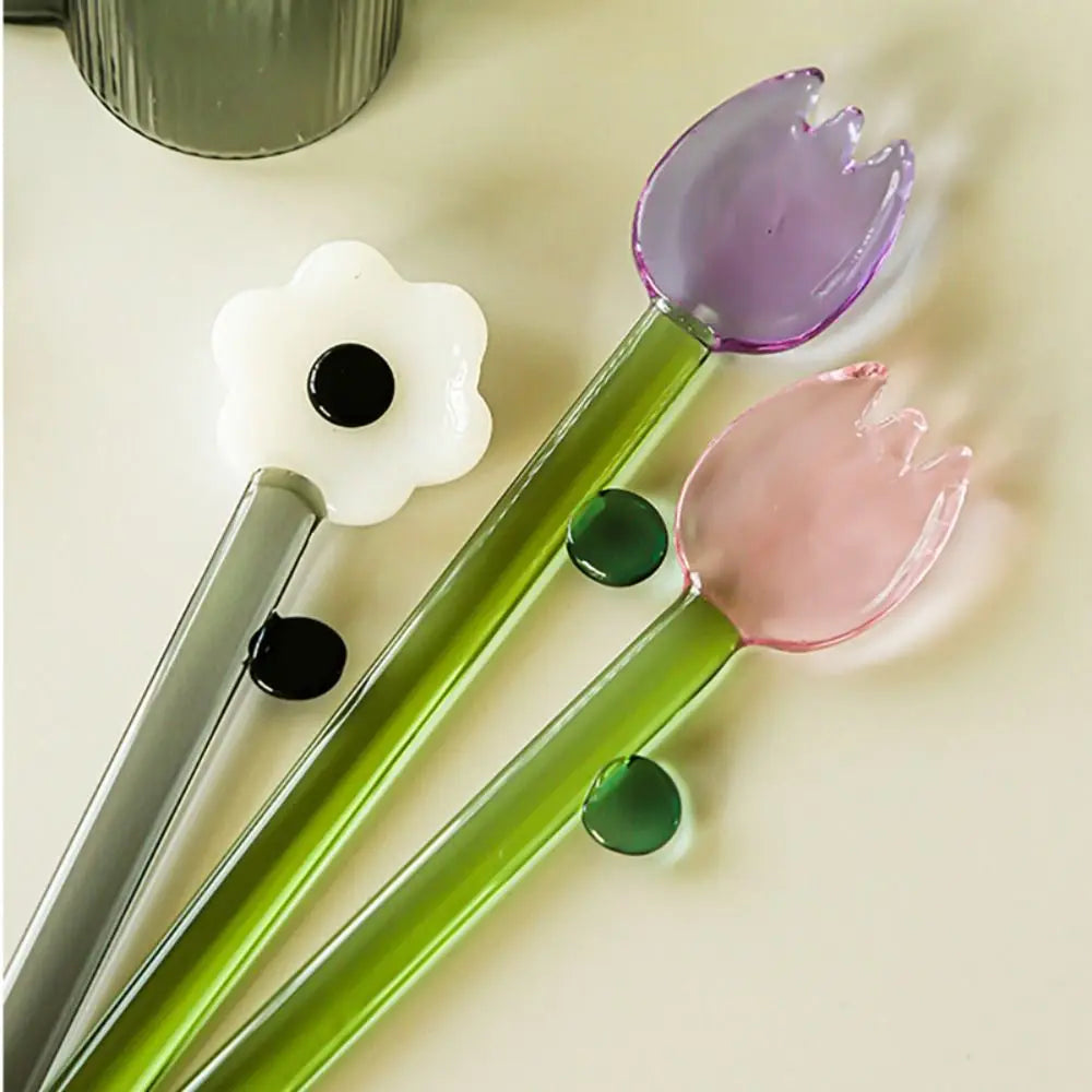 Long handle Glass Spoon Creative Transparent Glass Dessert Spoon Flower Shaped Colored Coffee Stirring Spoon Stick Bar