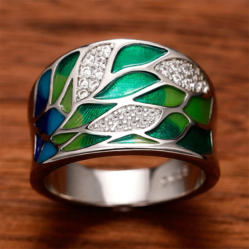 Green Leaf Enamel Handmade Oil Dropping Women's Ring Charm High Luxury Westernized  Prom Fancy Birthday Gift Fashion Jewelry