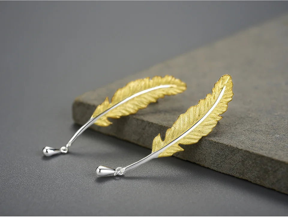 Lotus Fun 18K Gold Luxury Vintage Genuine 925 Sterling Silver Unusual Feather Earrings for Women Original Jewelry 2021 trend New