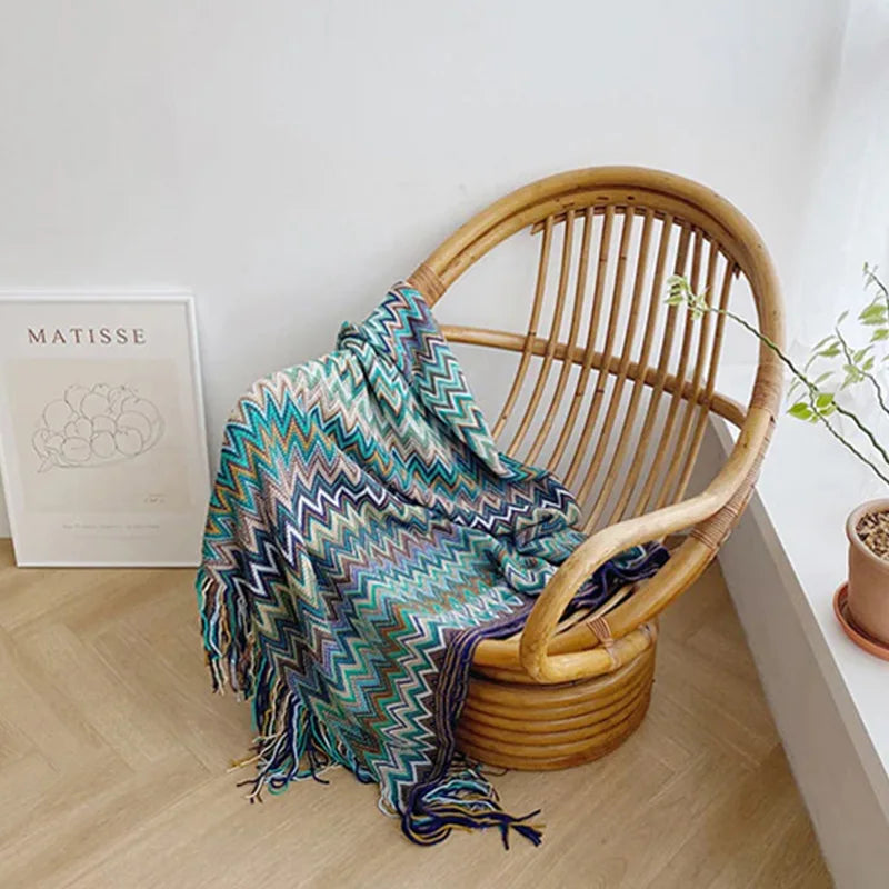 Bohemian Throw Blanket Geometric Knitted Blanket for Bed Plaid Living Room Boho Home Decor Travel Thread Blanket With Tassel