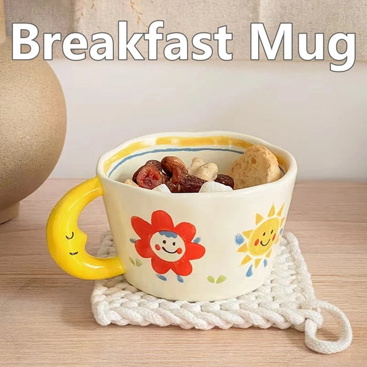 Ceramic Mug Lovely Hand Painted with Moon Handle Creative Breakfast Cup Kitchen Drinkware Milk Tea Coffee Mugs for Birthday Gift