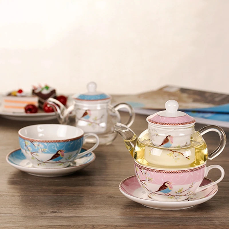 Ceramic Flower Teapot Flower Bird Cup Saucer Heat-Resistant Glass Pot Set Coffee Cup Afternoon Tea Tea Set