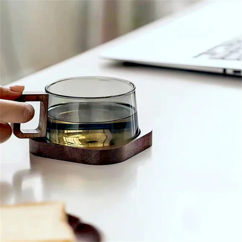 200ml American Latte Glass Coffee Mug With Wooden Tray Spoon Heat-resistant Milk Tea Cup Fresh Ground Coffee Cup