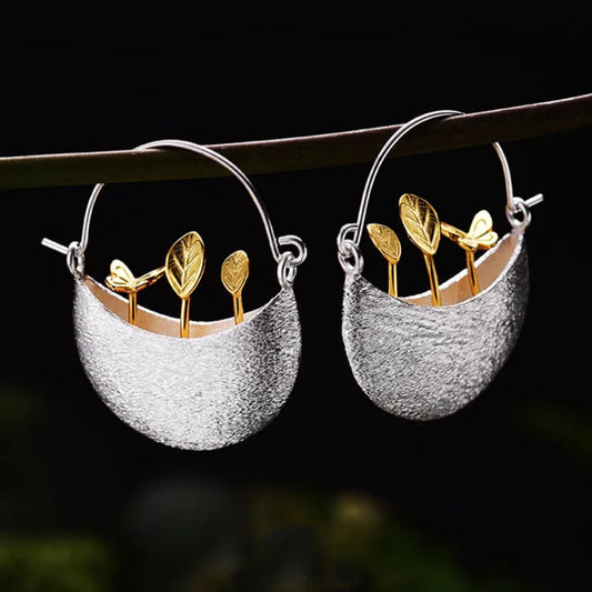 Vintage Metal Silver Color Flower Pot Hoop Earrings for Women Gorgeous Gold Color Butterfly Dangle Earrings Jewelry Gift