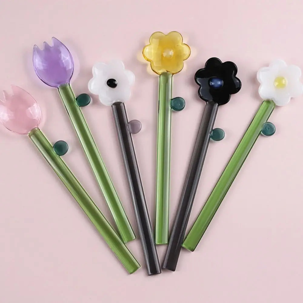 Long handle Glass Spoon Creative Transparent Glass Dessert Spoon Flower Shaped Colored Coffee Stirring Spoon Stick Bar