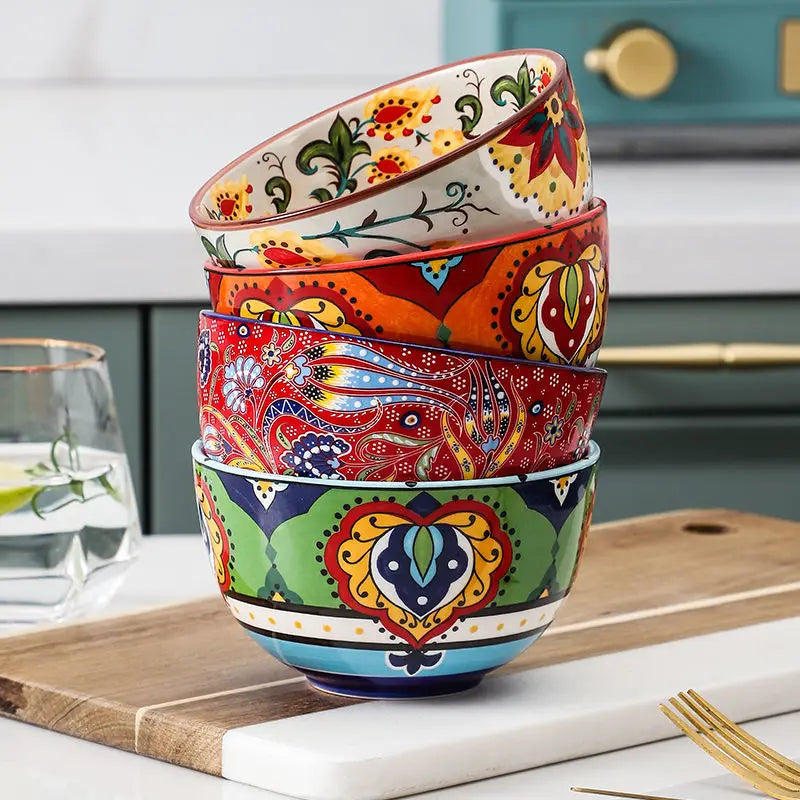 Creative Bowl Ceramic Bohemian Hand-Painted Rice Bowl  Instant Noodle Bowl Household Fruit Salad Bowl Kitchen Tableware