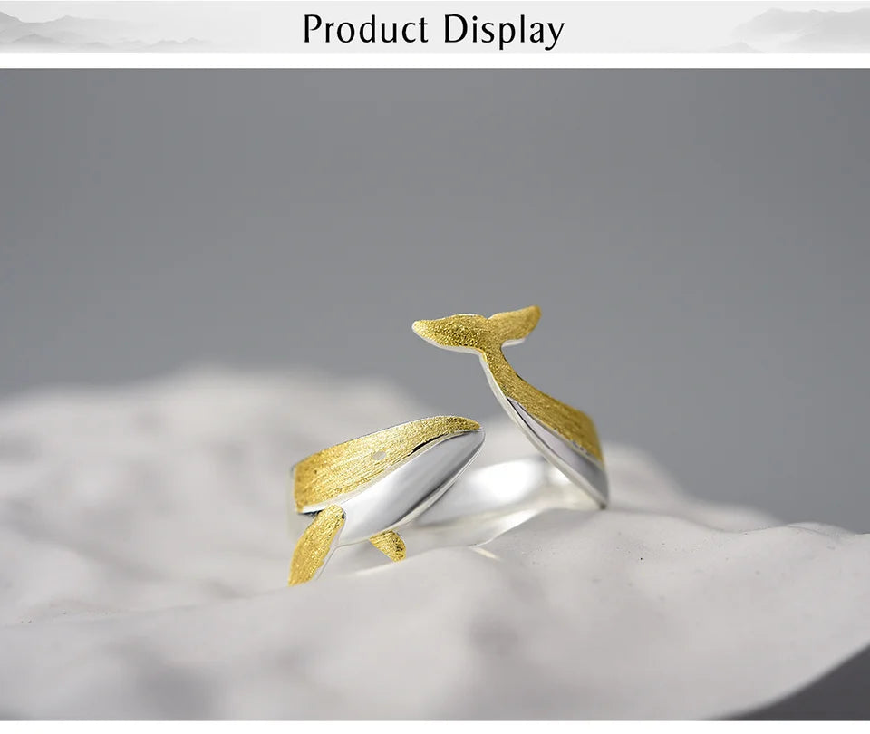 Lotus Fun 18K Gold Personality Whale Dating Adjustable Rings for Women Original 925 Sterling Silver Luxury Quality Fine Jewelry