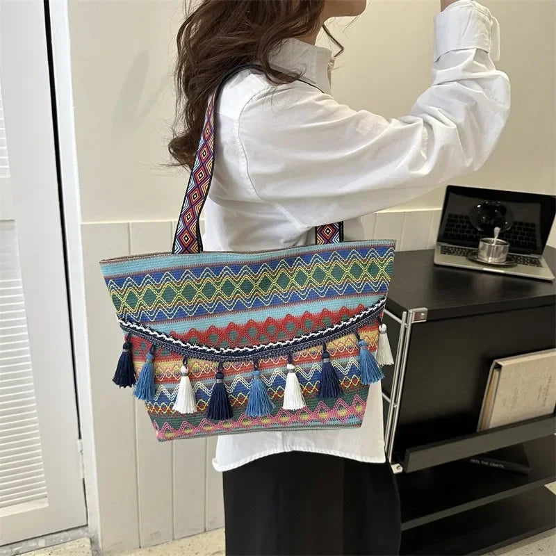 Large Capacity Ethnic Style Fashionable Simple Elegant Handbag 2023 Autumn New Style Shoulder Bag Women's Commuter Tote Bag