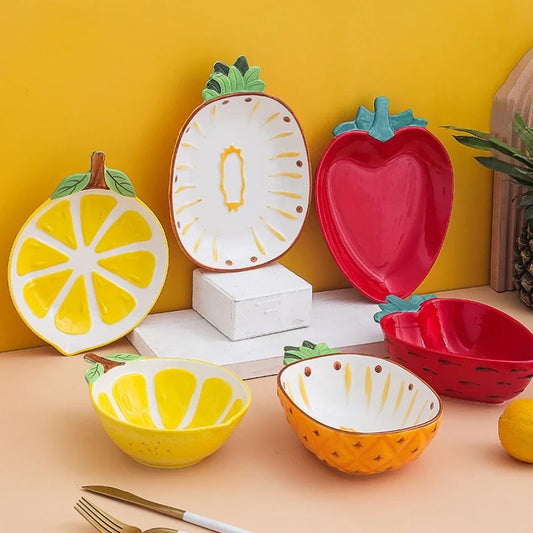 1pcs Creative Fruit Series Hand-painted Ceramic Tableware Cute Red Strawberry Lemon Pineapple Rice Dish Plate Salad Bowl