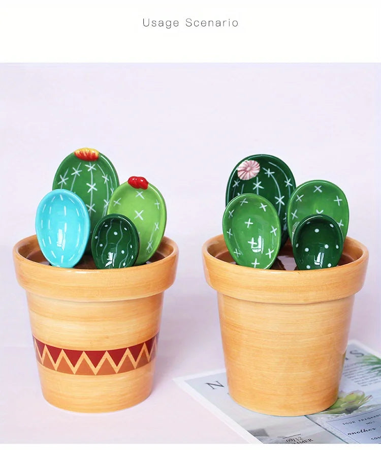 1set Ceramic Cactus Measuring Spoons Set Adorable Functional Kitchen Utensils with Holder Cup Unique Home Ornament Measuring Cup