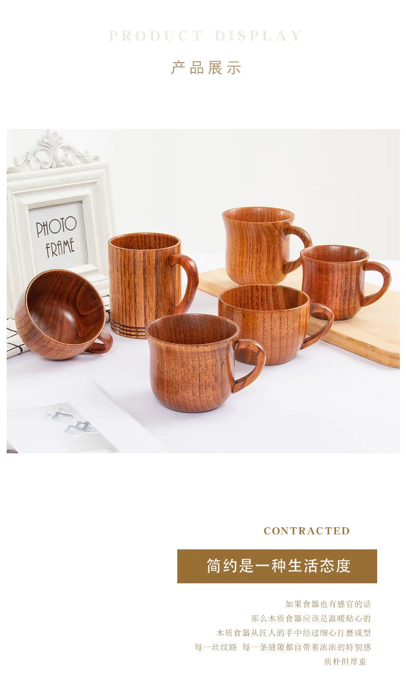 Wooden Big Belly Cups Japan Style Milk Water Cup with Handle Coffee Beer Tea Mug Handmade Natural Kitchen Bar Drinkware Cups