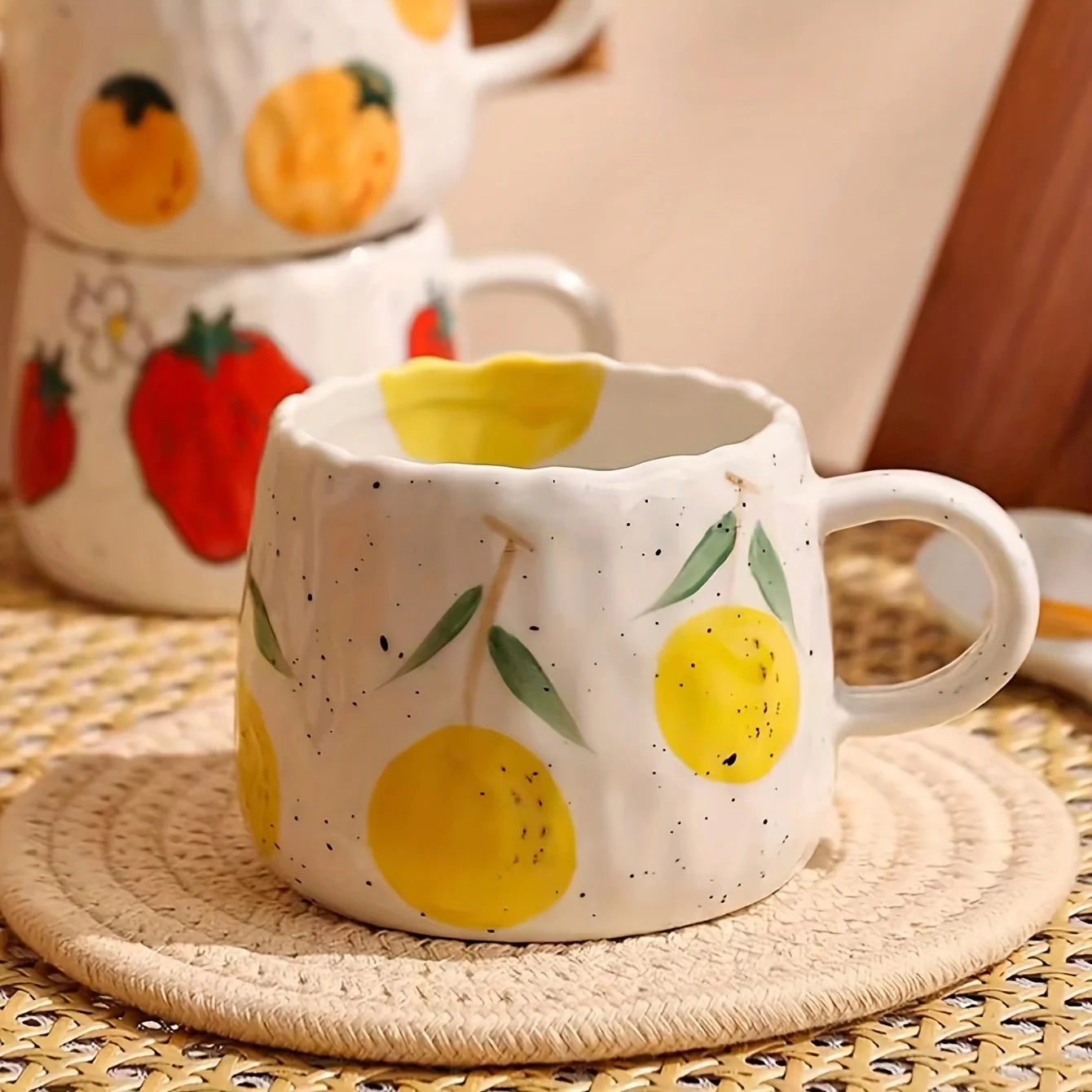 1pc 300ml Vibrant Fruit Themed Ceramic Coffee Mug All Occasions Gift Children's Porcelain Cup Breakfast Cup and Plate Drinkware