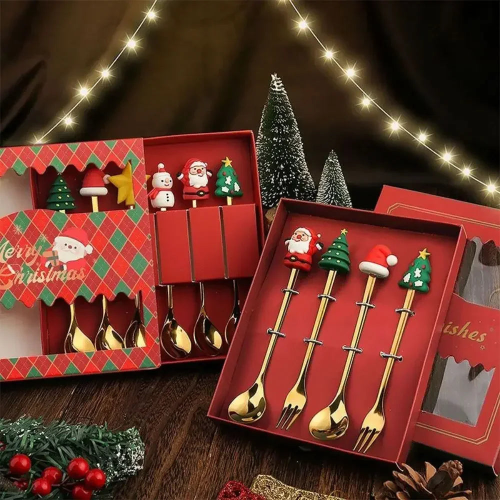 New Christmas Tableware Set Spoon and Fork Stainless Steel Creative Tableware Coffee Tea Dessert Spoon Exquisite Gift Set