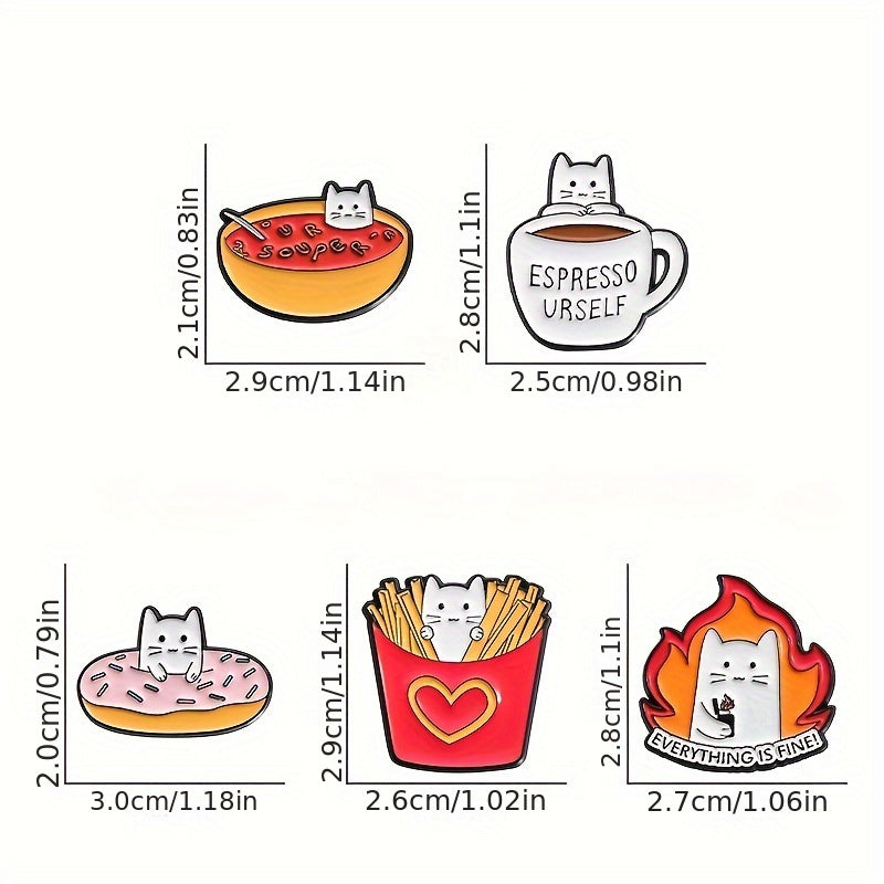 5pcs/set Cute Cat Enamel Pins Coffee Chip Donuts Metal Brooches Fashion Lapel Badge Backpack Clothes Animal Jewelry Gift for friends