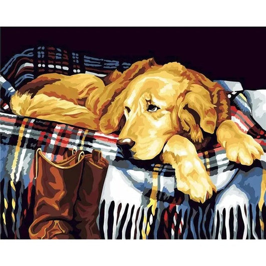 Good Boy, Yellow Labrador on red blanket - 36 Color Paint by Number Kit